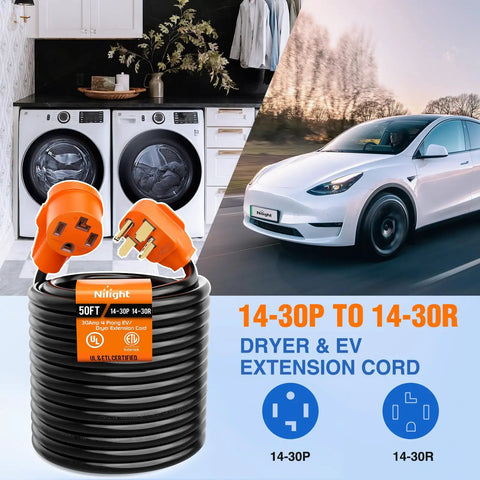 No Sweat 50 Ft Ev Dryer Extension Cord 4 Prong Nema 14 30 Plug 30 Amp 10 Awg Ul Certified Heavy Duty Cable For Quick Plug In Level 2 Electric Rig Power Boost with connectors near electric vehicle and laundry machines.