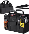 Heavy Duty Tool Bag With Multiple Pockets And Wide Mouth Opening, Portable Tool Box Organizer, Black 16 Inch Base