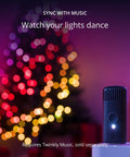 65.6 Feet Indoor Outdoor Smart RGB LED String Lights with music sync feature, glowing in various colors behind a music sync device.