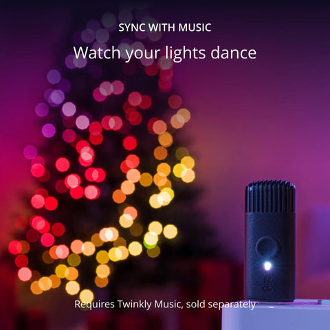 65.6 Feet Indoor Outdoor Smart RGB LED String Lights with music sync feature, glowing in various colors behind a music sync device.