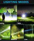 Rechargeable Headlamp With 99000 Lux Brightness 9000mAh Battery 12 Modes IPX7 Waterproof USB Powered Headlight Zoomable Beam 90 Degree Adjustable For Camping And Hunting Built For Adults showing various lighting modes like flashing, SOS, high, medium, and low in outdoor settings.