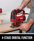 Badass Six Amp Corded Jigsaw With No Sweat Tool Swap And Four Stage Orbital Action Plus Slick Variable Trigger cutting through wood.