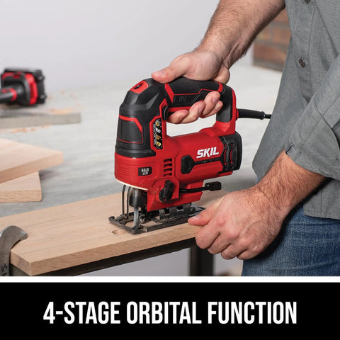 Badass Six Amp Corded Jigsaw With No Sweat Tool Swap And Four Stage Orbital Action Plus Slick Variable Trigger cutting through wood.