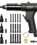 Rivet Nut Gun For M6 M8 M10 With Air Driven Pull Setter Three Size Quick Change Nose Pieces and mandrels shown