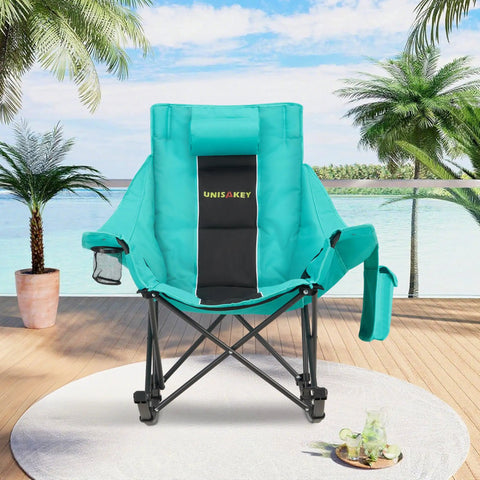 Oversized Rocking Camping Chair With Headrest And Cup Holder 300 Lb Capacity 600D Oxford Fabric Easy Fold Portable Outdoor Rocker