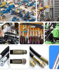 Collage of a Portable Hydraulic Hose Crimping Tool Kit With 8 Die Sets used in industrial and automotive settings.