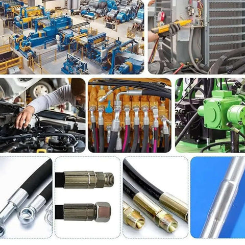 Collage of a Portable Hydraulic Hose Crimping Tool Kit With 8 Die Sets used in industrial and automotive settings.