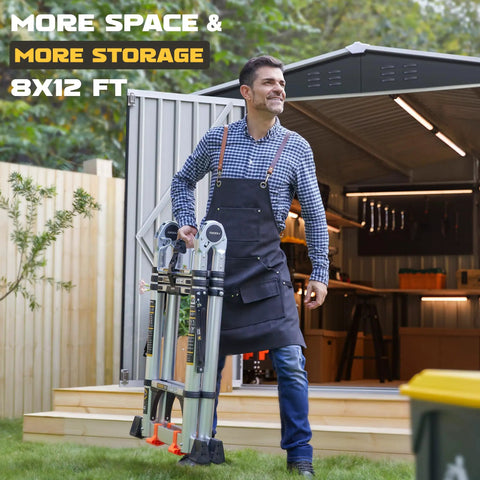 Man carrying ladder outside 8 By 12 Ft Outdoor Metal Storage Shed With Updated Frame Structure, open door view
