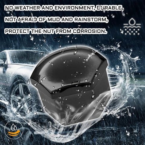 Close-up of 20 Piece Black Lug Nut Covers 21Mm Hexagonal Wheel Center Bolt Caps protecting against water and corrosion.