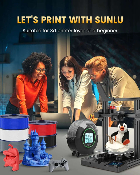 Group enjoying 3D printing with Sunlu PLA Plus 2.0 1.75mm Filament Bundle, spools in blue, red, black, white visible.