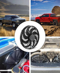 Straight Shot Universal 16 Inch Black Slim Radiator Cooling Fan 12V 100W Push Pull Setup with vehicles and installation views.