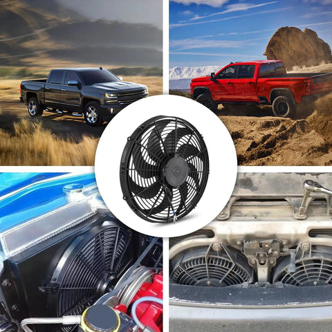 Straight Shot Universal 16 Inch Black Slim Radiator Cooling Fan 12V 100W Push Pull Setup with vehicles and installation views.
