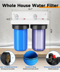 2-Stage Whole House Water Filtration System With 10 Inch Clear Housing, Cuts Sediment, Iron, Manganese And Chlorine, Taste And Odor, Ideal For Well Water, Includes Pressure Gauges And 1 Inch Inlet Outlet, Easy Install. Front view with 1-inch brass ports and gauges