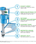 Water Saving Toilet Fill Valve Repair Kit with Built In Mini Valve and Leak Alert features and components illustrated