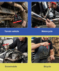Collage showing Two-Piece T-Handle Exhaust Spring Puller Set used on terrain vehicle, motorcycle, snowmobile, and bicycle.