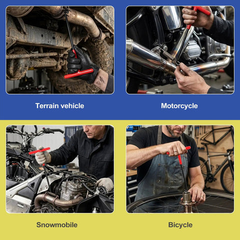 Collage showing Two-Piece T-Handle Exhaust Spring Puller Set used on terrain vehicle, motorcycle, snowmobile, and bicycle.
