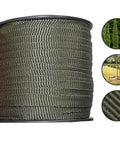 250 Ft Tree Tie Strap For Staking And Guying, 1800 Lb Strength, Olive Green, Made In USA, roll and usage examples