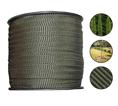 250 Ft Tree Tie Strap For Staking And Guying, 1800 Lb Strength, Olive Green, Made In USA, roll and usage examples