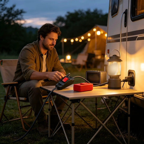 Man using Heavy Duty Premium Weatherproof Extension Cord With 3 Prong Grounded Plug Indoor Outdoor Power Lead For Home And Backyard Gear.