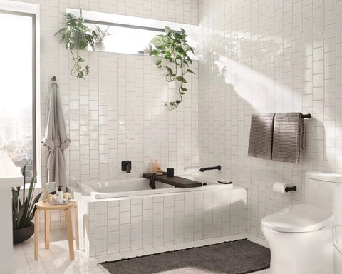 Genta LX Modern Wall Mount Pivoting Toilet Paper Holder in Matte Black Easy Install in contemporary white bathroom.
