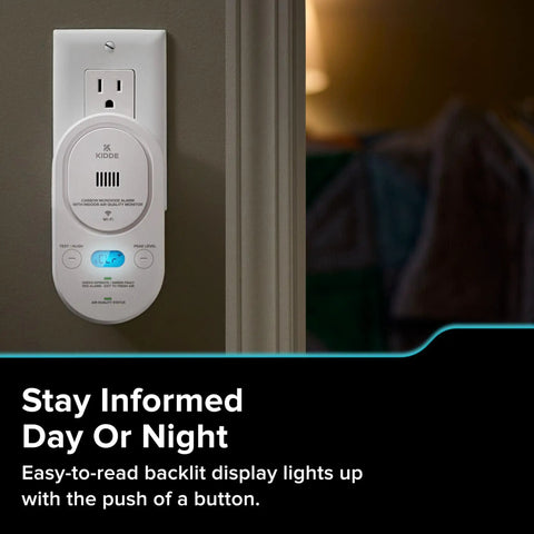 Smart Carbon Monoxide Detector And Indoor Air Quality Monitor With Real Time Alerts No Subscription Needed Plug In With Battery Backup 2 4 GHz Wi Fi Rotating Plug 85 dB Alarm IAQ Insights For Homes installed in wall outlet