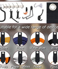 Heavy Duty Extension Cord Organizer Kit 12 Pack With 13 Inch Unfolded Straps Cord Wrap Hanger For Garage Tools Cable Hose Management Tangle Free Must Have Storage Essentials showing hooks and straps for organizing ropes, hoses, and wires.