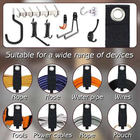 Heavy Duty Extension Cord Organizer Kit 12 Pack With 13 Inch Unfolded Straps Cord Wrap Hanger For Garage Tools Cable Hose Management Tangle Free Must Have Storage Essentials showing hooks and straps for organizing ropes, hoses, and wires.