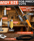 Awesome Hot Knife Plastic Cutter Tool Set With 30W Power And 55 Inch Long Cable displaying blades and measurements for detailed cuts.