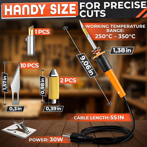 Awesome Hot Knife Plastic Cutter Tool Set With 30W Power And 55 Inch Long Cable displaying blades and measurements for detailed cuts.