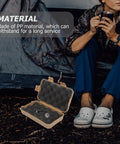 Rugged Wear Resistant Shockproof Tool Case For Outdoor Survival And Gear Storage beside camper in tent, opened view