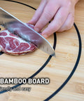 Slicing meat on large bamboo cutting board with 3 shatter resistant containers and lids, board size 45.7 x 60 cm