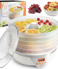 Kickass Efficient Digital Food Dehydrator Featuring Five Generous Trays And Smart Temperature Controls For Whipping Up Crunchy Jerky Dried Fruits And Savory Herb Flakes Fast with colorful sliced fruits.