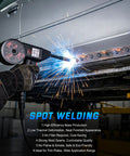 Spot welding a car body with All In One 130 Amp Plasma Cutter Welder Combo With Dual Voltage 120 Volt And 240 Volt One Half Inch Clean Cut And Five Eighths Inch Max Cut Gas MIG Flux Core Stick Lift TIG Aluminum Welding With Spool Gun Space Saving Garage Workhorse