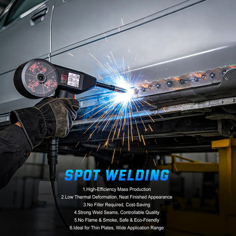 Person using 7 In 1 Multiprocess Welder System With 130 Amp Output Dual Voltage 120V And 240V for spot welding on car body.