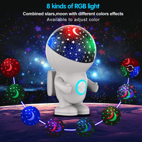 Kids Night Light Astronaut Star Projector with Energy Halo and 360 Degree Rotation featuring RGB star and moon effects