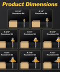8-Piece Roundover Router Bit Set With 1/4 Inch Shank Carbide Inserts For Woodworking, showing various radius bits and dimensions.