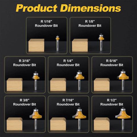 8-Piece Roundover Router Bit Set With 1/4 Inch Shank Carbide Inserts For Woodworking, showing various radius bits and dimensions.