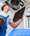 Technician inspecting AC unit with Dual Run Capacitor 35/5 MFD 370V 440V VAC Round For AC Unit Condenser Or Heat Pump Start Capacitor 35/5 UL Listed