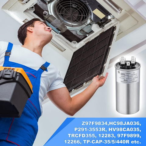 Technician inspecting AC unit with Dual Run Capacitor 35/5 MFD 370V 440V VAC Round For AC Unit Condenser Or Heat Pump Start Capacitor 35/5 UL Listed