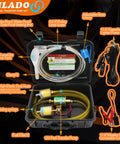 12V Electric Fuel Transfer Pump Kit With Case 30 GPH Inline Pump showing components and carrying case for gasoline or diesel