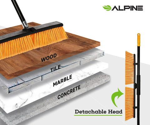 Real Deal Heavy Duty Push Broom With Long Handle Made To Crush Daily Grime On Smooth Floors Sweeps Sand Mud Leaves And Water Easy Without Breaking A Sweat In Bright Yellow 18 Inches Wide on wood, tile, marble, and concrete surfaces.