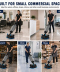 Professional Compact Battery Powered Walk Behind Floor Scrubber Machine With Built In Squeegee for small spaces like salons and offices.