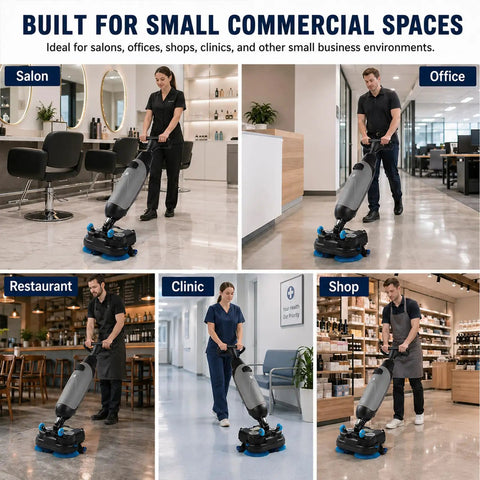 Professional Compact Battery Powered Walk Behind Floor Scrubber Machine With Built In Squeegee for small spaces like salons and offices.