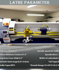 Front view of TECHTONGDA metal lathe 8x31 inch bench lathe, yellow and blue with tailstock and carriage