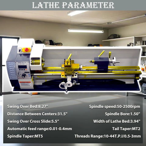 Front view of TECHTONGDA metal lathe 8x31 inch bench lathe, yellow and blue with tailstock and carriage