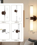 Installation guide for 8000mAh Walnut Battery Operated Wall Sconces Set of 2, showing steps and dimensions for wall light.