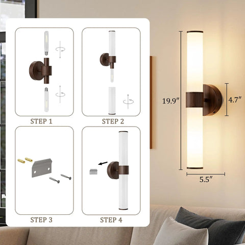 Installation guide for 8000mAh Walnut Battery Operated Wall Sconces Set of 2, showing steps and dimensions for wall light.