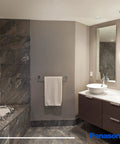 Modern bathroom interior showcasing elegant design, featuring a subtle soffit vent for exhaust fans up to 110 CFM with 4 inch ducting.