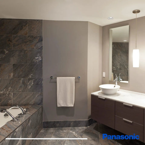 Modern bathroom interior showcasing elegant design, featuring a subtle soffit vent for exhaust fans up to 110 CFM with 4 inch ducting.