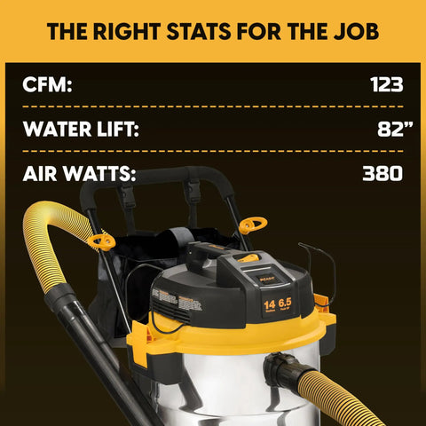 14 Gallon Wet And Dry Shop Vacuum With 65 Peak Horsepower Motor And Stainless Steel Tank Featuring Eighteen Accessories Plus Onboard Storage For Beast Mode Mess Clean Up Projects showing CFM, water lift, and air watts stats.